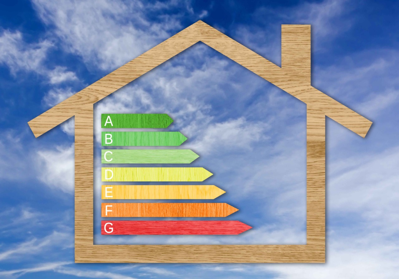 Wood Textured energy efficiency certification symbols inside a house shape against a sky background