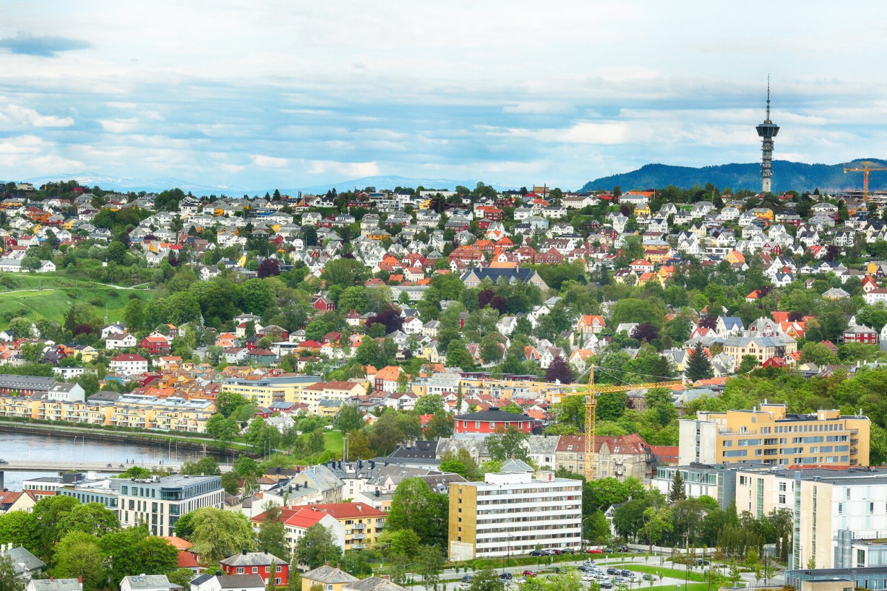 Summer in the norwegian city Trondheim. Aerial view of the residential district and Tv tower in trondheim.