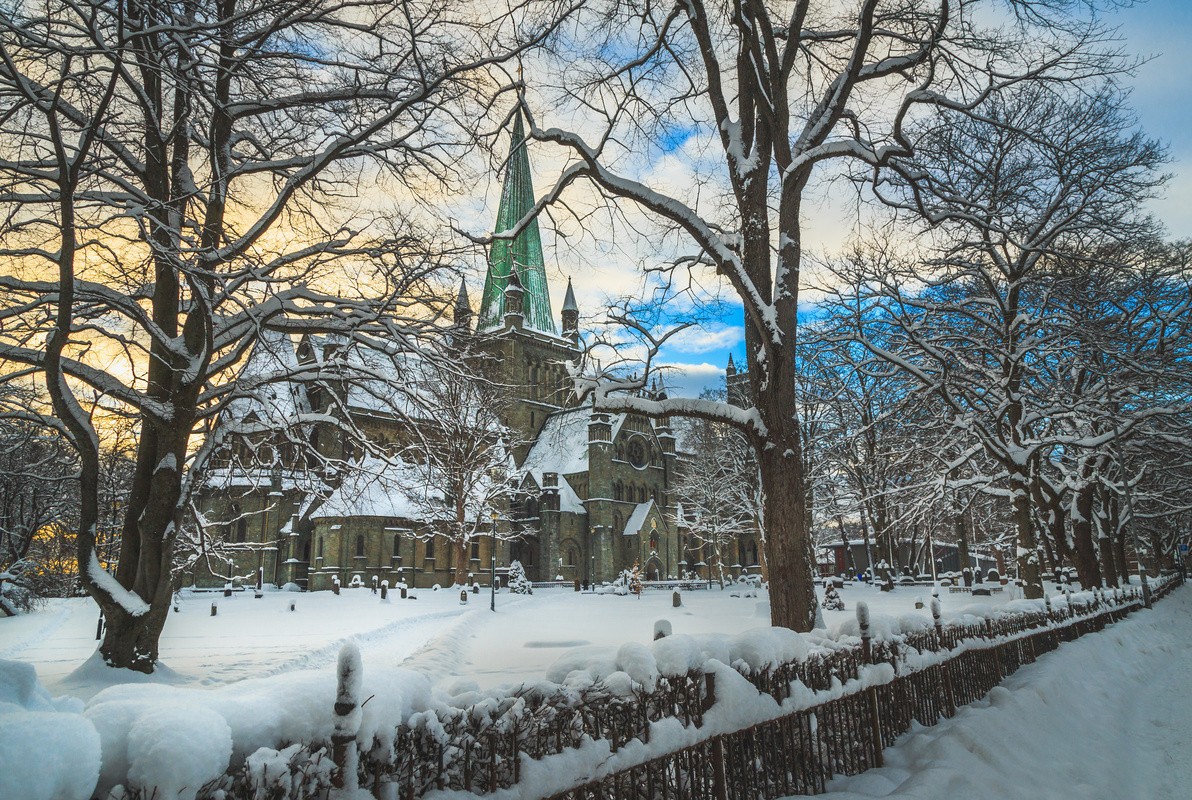 Nidarosdomen Cathedral by Nidelva river in Trondheim. Beautiful wintertime. Most famous gothic, norwegian church. Park and graveyard around the cathedral.
