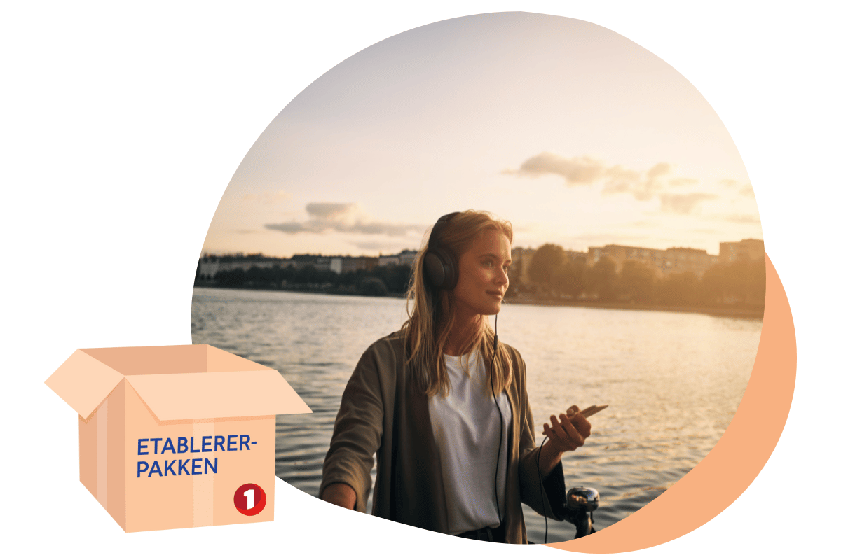 ung dame med etablererpakken-logo på. foto og illustrasjon. 