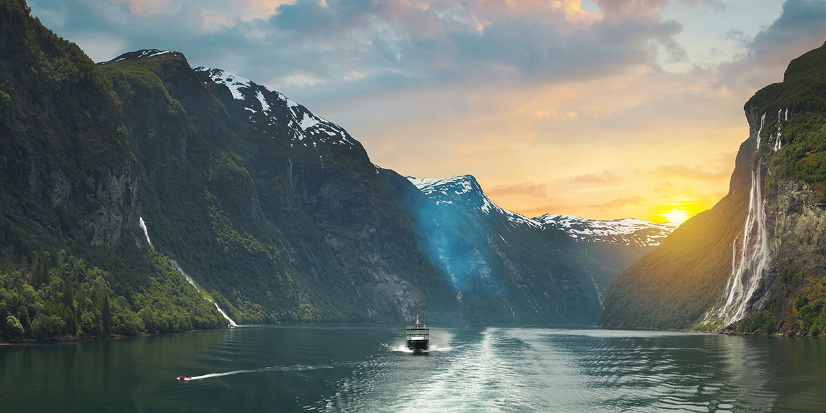 Ship in geiranger fjord. Norway