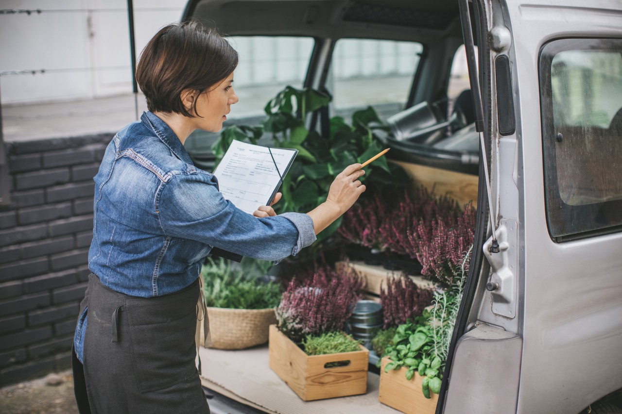 Kvinne som teller planter i bagasjerommet på varebil