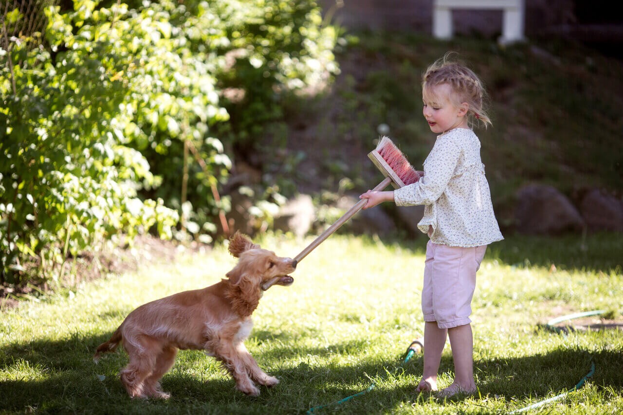 jente leker med hunden sin i hagen utenfor huset