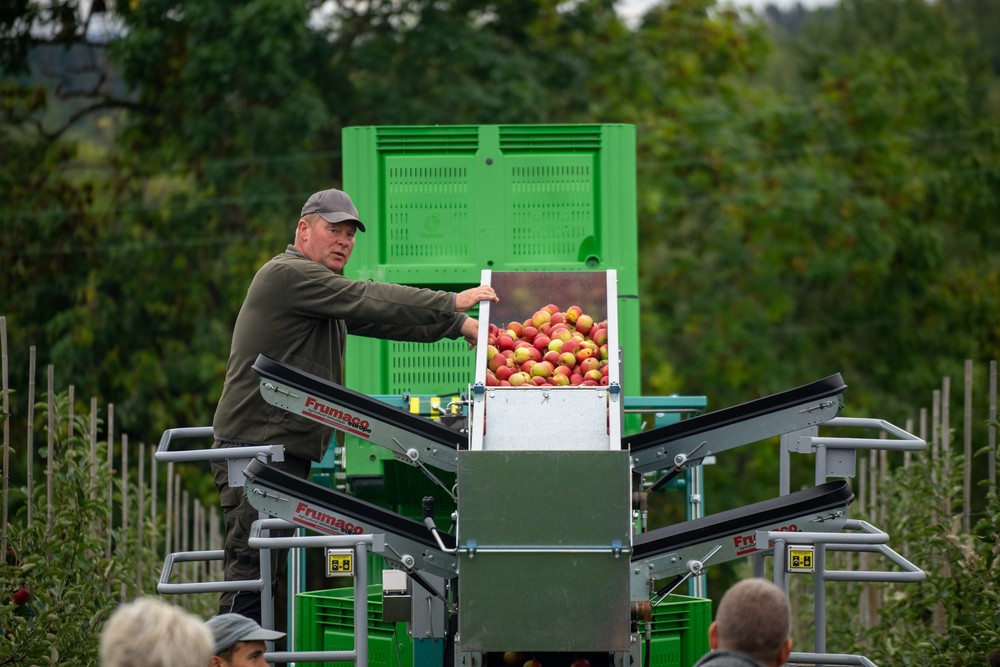 bonde som høster epler med produksjonsutstyr og arbeidsmaskin