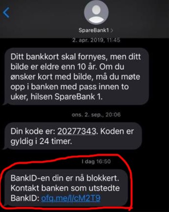 Skjermbilde av falsk sms fra svindlere som utgir seg for å være SpareBank 1