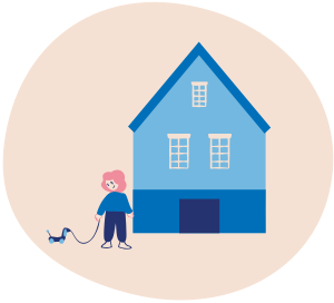 Illustrasjon av jente med hund ved hus