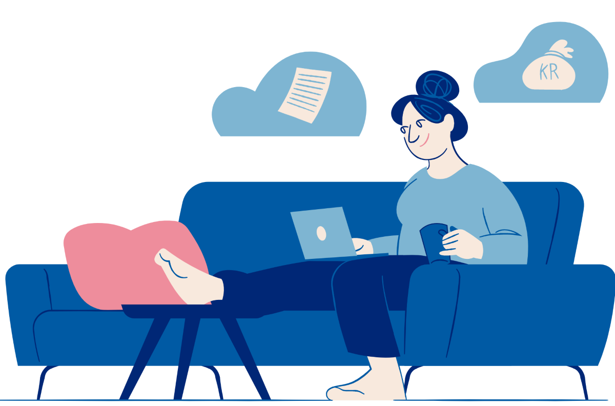 Illustrasjon av kvinne som sitter med laptop i fanget og fører regnskap