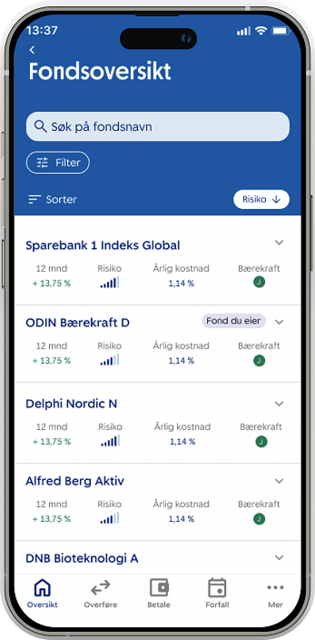 Skjermbilde av fondsoversikten med informasjon om fondene.