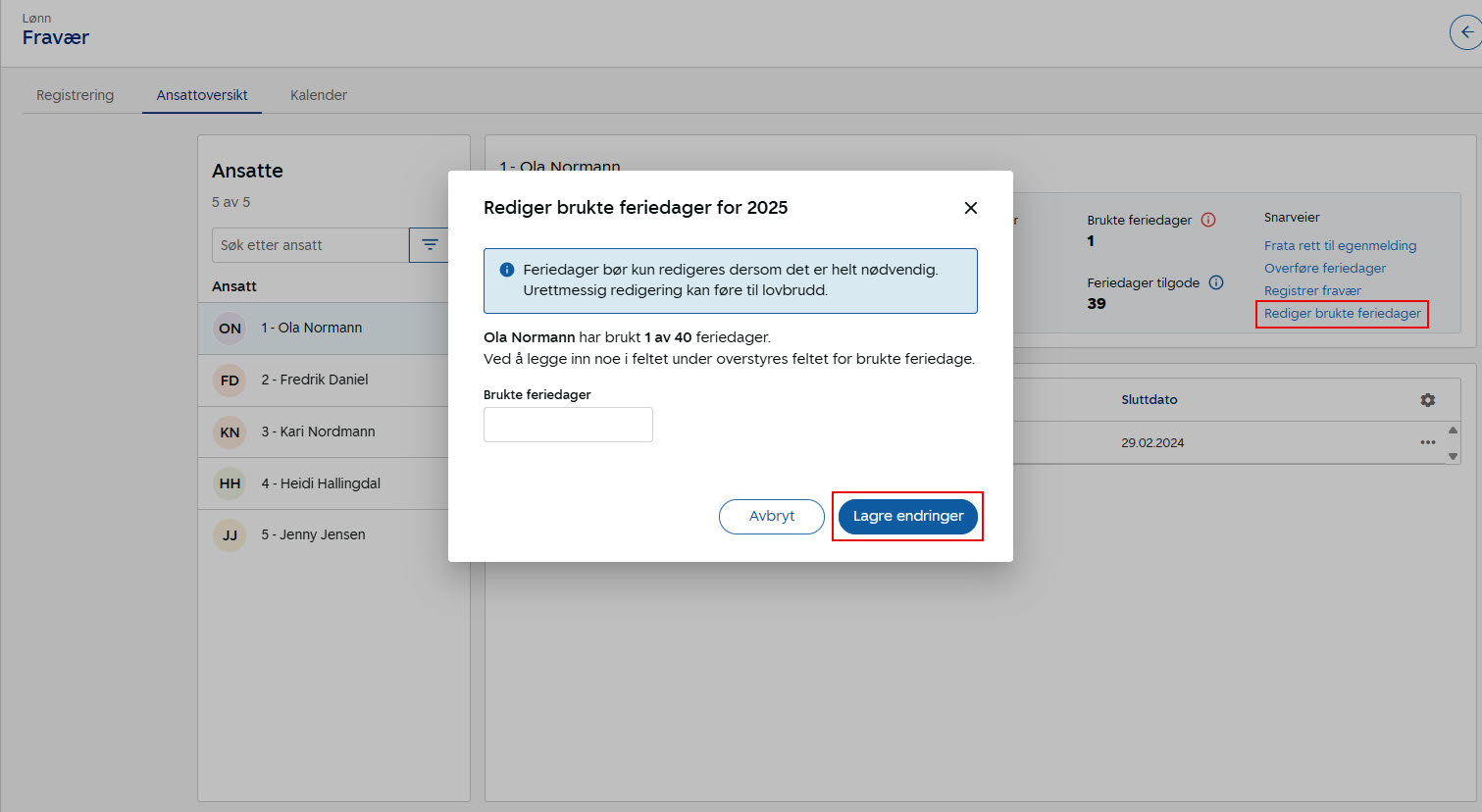 rediger brukte feriedager, skjermbilde fra SpareBank 1 Regnskap
